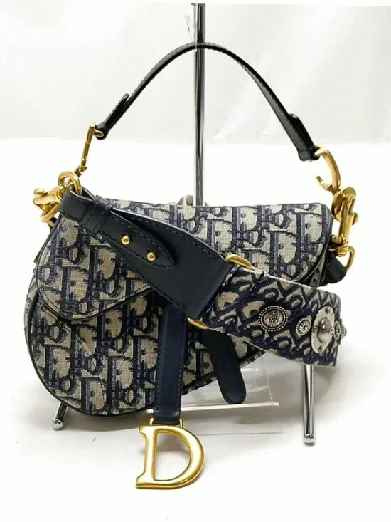 Authentic Dior Saddle Bag Oblique Canvas Navy Blue Shoulder Bag - Picture 2 of 16